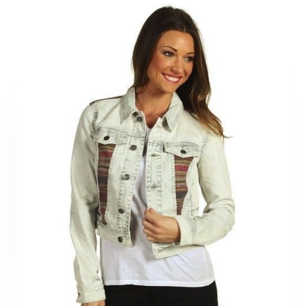 Free People Baka tapestry washed denim jacket 6 boxy western biker
